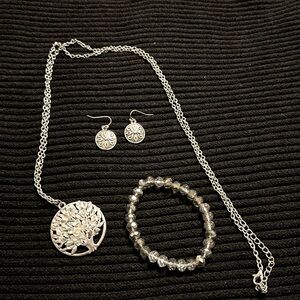Jewelry set.   Tree Necklace, Round Earrings and Crystal Bracelet